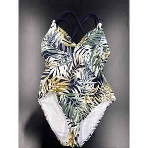 NWT Hurley Medium Green Black Leaves Pad Bra One Piece Swimsuit Strappy Back